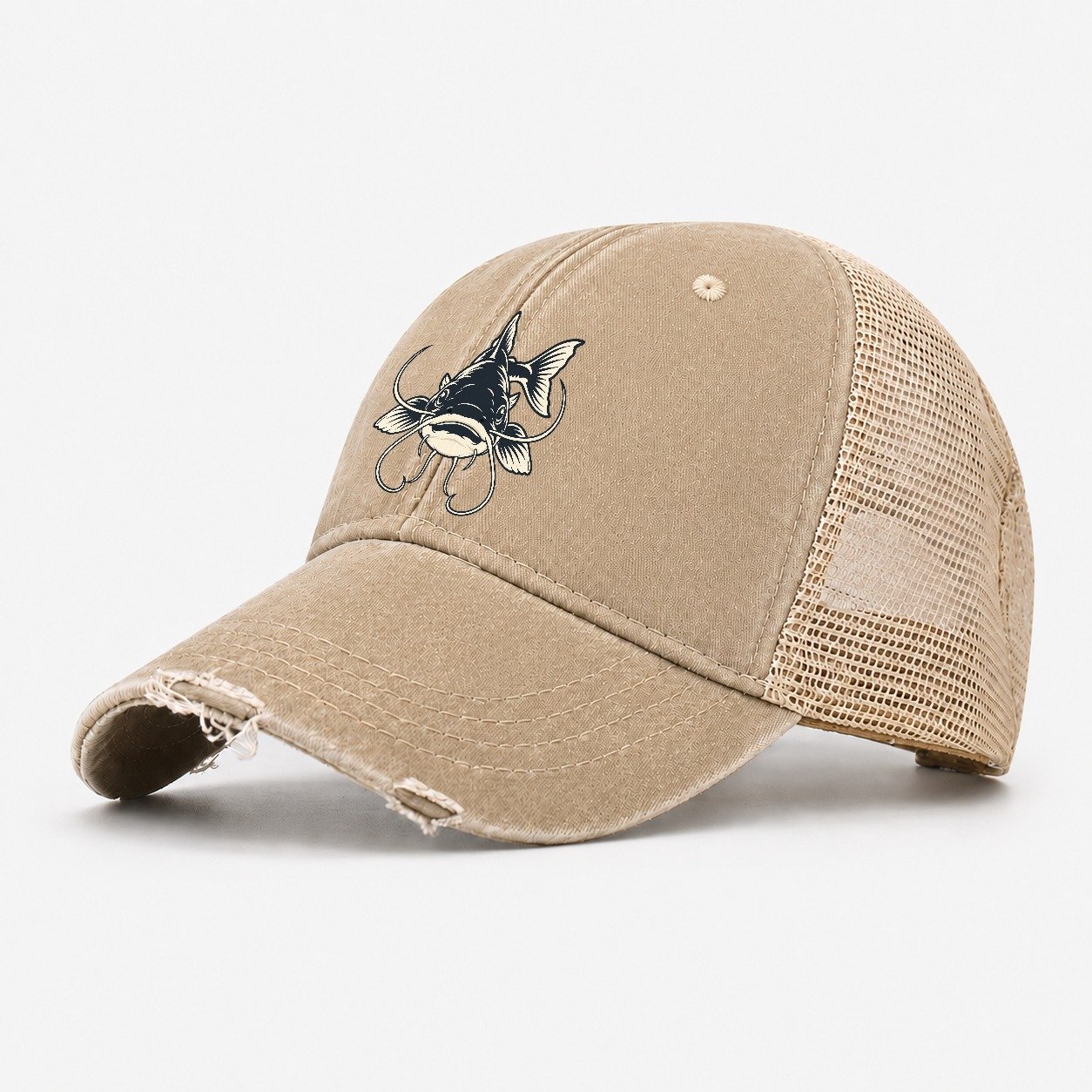 Catfish Whiskers Fishing Elegant Washed Trucker Hat – Khaki