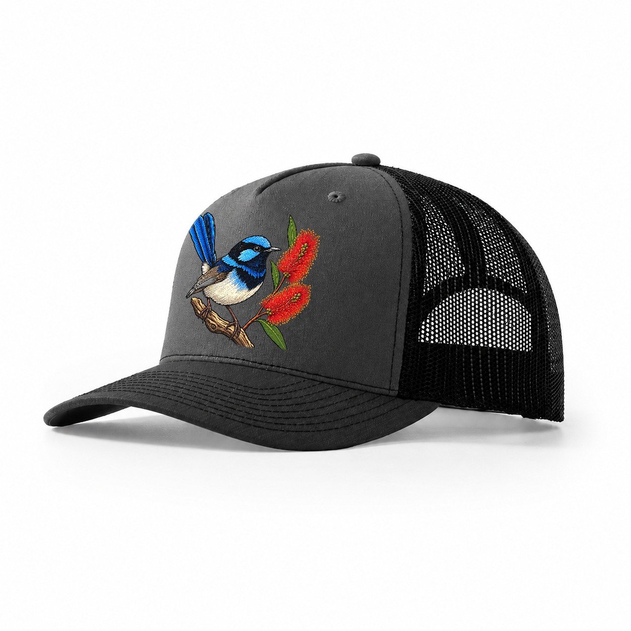 Superb Fairywren And Bottlebrush Australia Cultural Icons Trucker Hat – Dark Grey Black