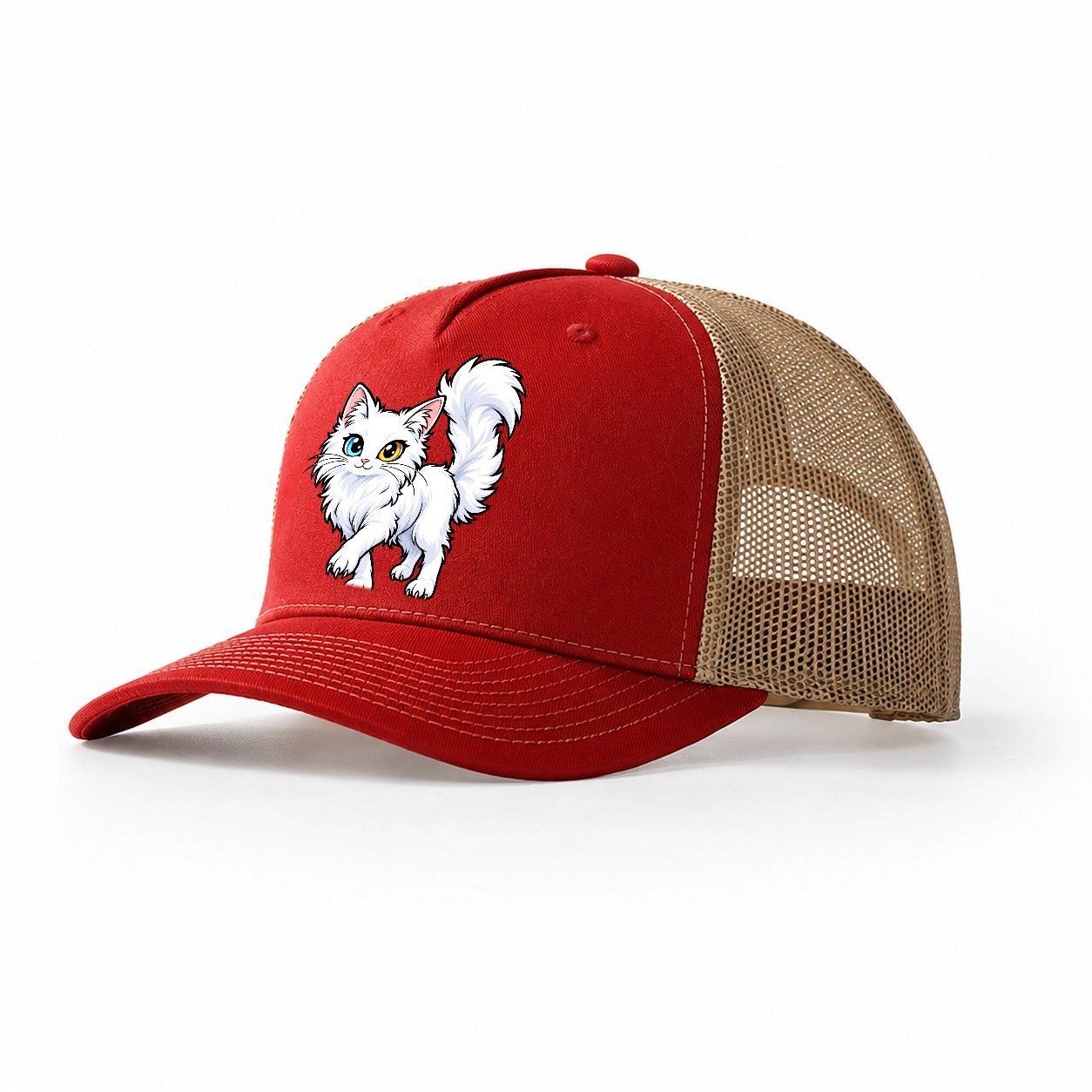 Turkish Angora Tail Up Peeking Cats Trucker Hat – Red Khaki