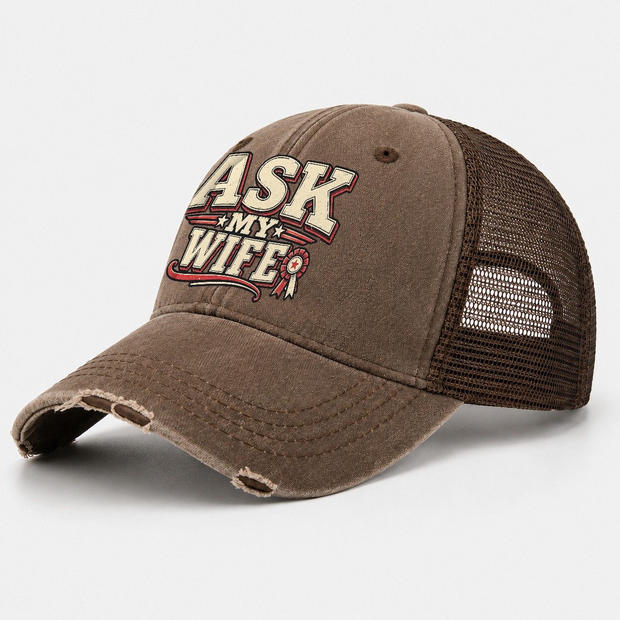 Ask My Wife American Wit Washed Trucker Hat – Coffee