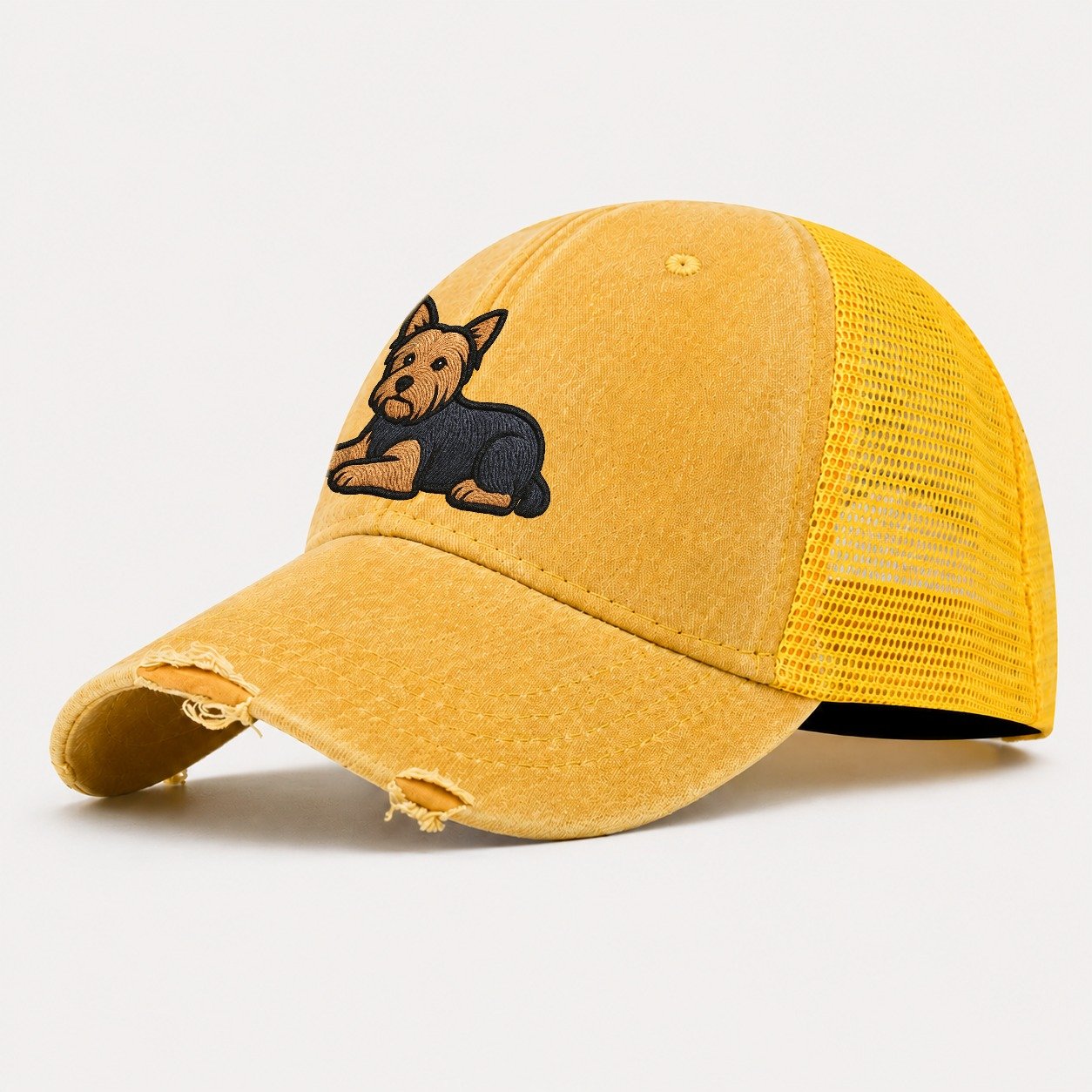 Yorkshire Terrier Blue And Tan Relaxed Lying Down With Head Washed Trucker Hat – Yellow