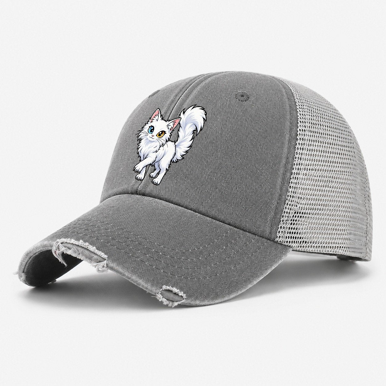 Turkish Angora Tail Up Peeking Cats Washed Trucker Hat – Grey