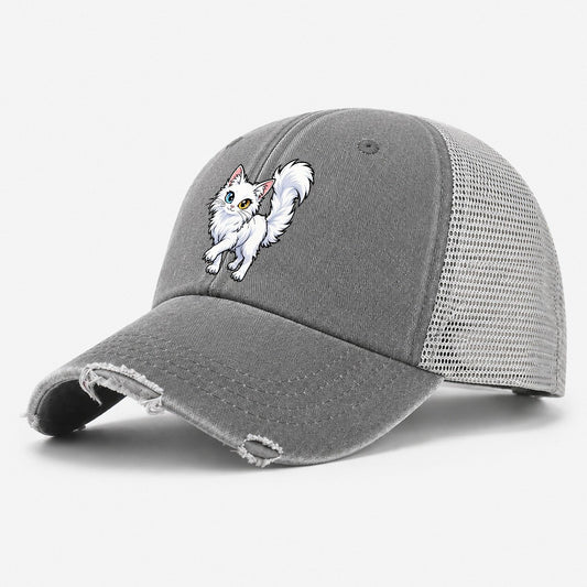 Turkish Angora Tail Up Peeking Cats Washed Trucker Hat – Grey