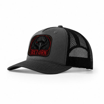 Raven Return Badge Trucker Hat – Dark Grey Black