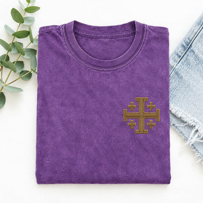 Jerusalem Cross Left Chest Vintage T-shirt – Purple