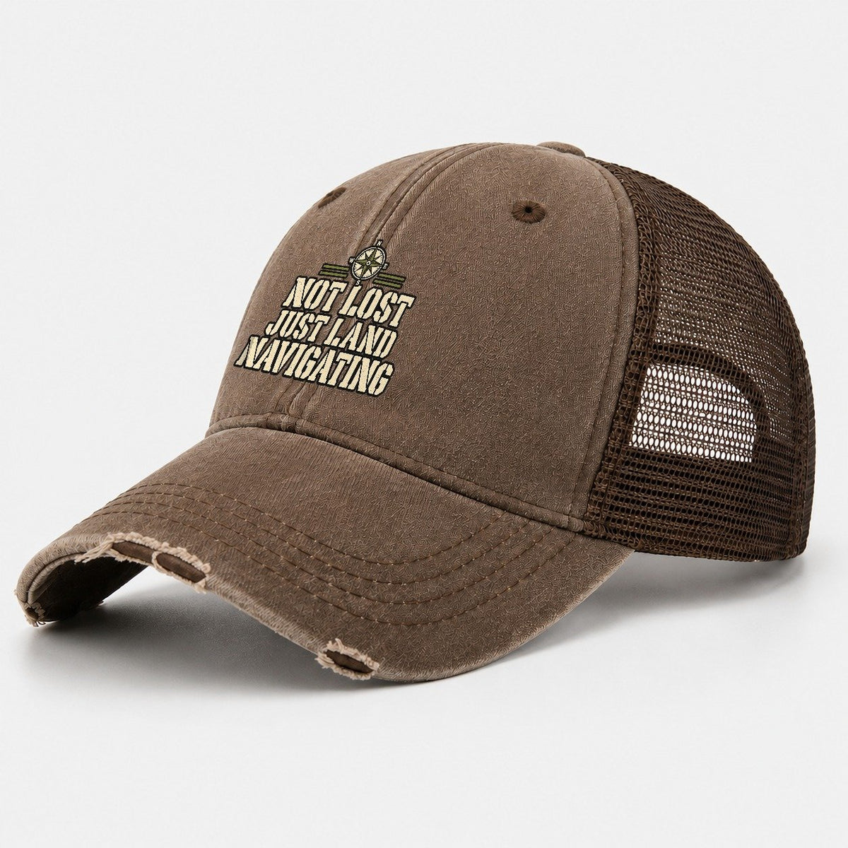 Not Lost Just Land Navigating Barracks Wit Washed Trucker Hat – Coffee