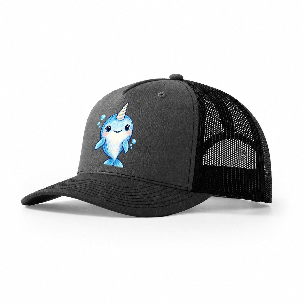 Narwhal Front Tusk Hello Sea Sprite Trucker Hat – Dark Grey Black