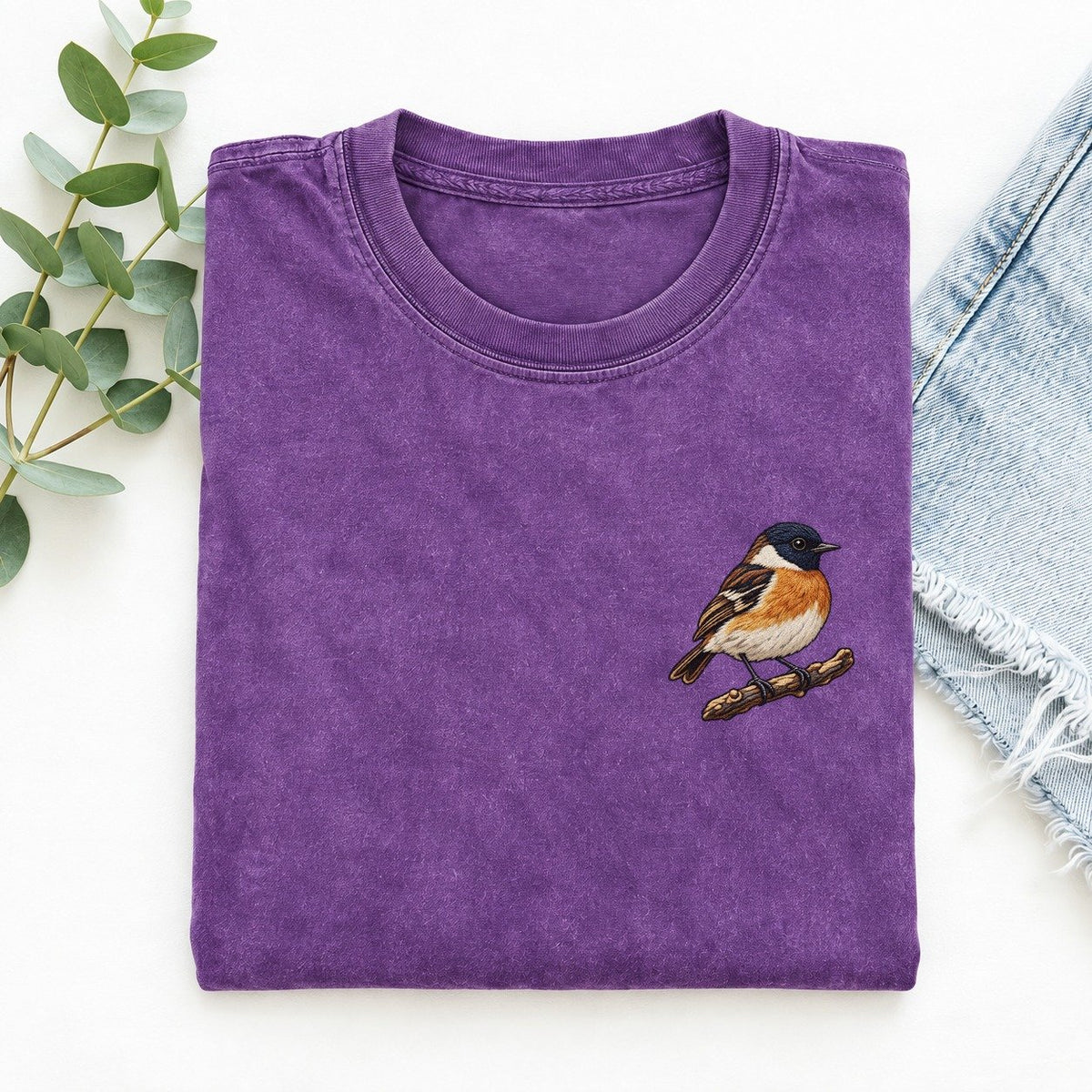 Stonechat Perch Poise Left Chest Thread Signatures II Left Chest Vintage T-shirt – Purple
