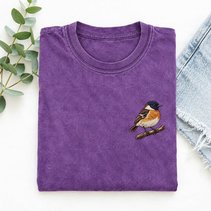 Stonechat Perch Poise Left Chest Thread Signatures II Left Chest Vintage T-shirt – Purple