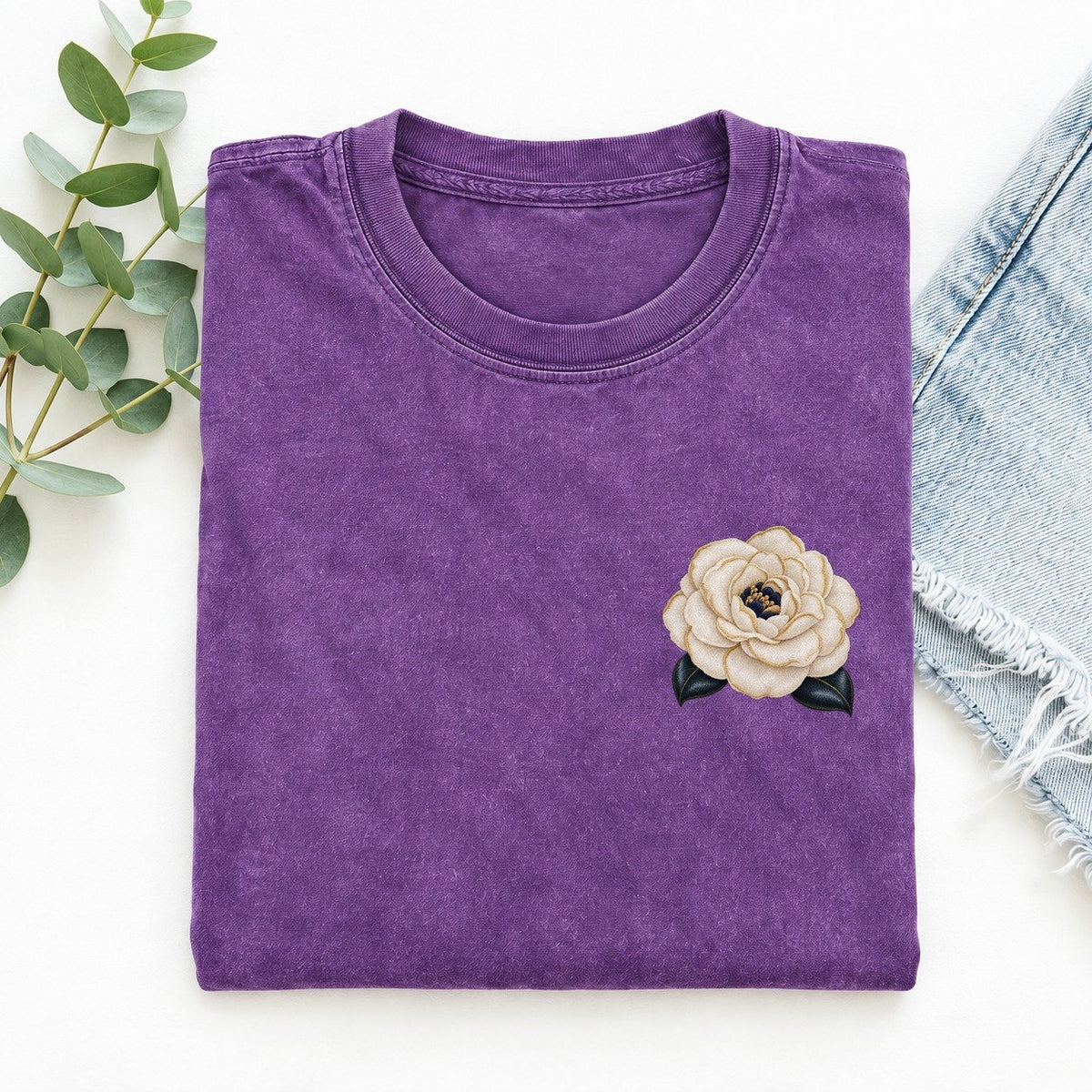 Camellia Double Bloom Left Chest Vintage T-shirt – Purple