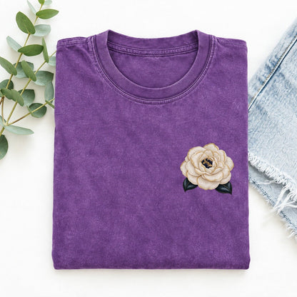 Camellia Double Bloom Left Chest Vintage T-shirt – Purple
