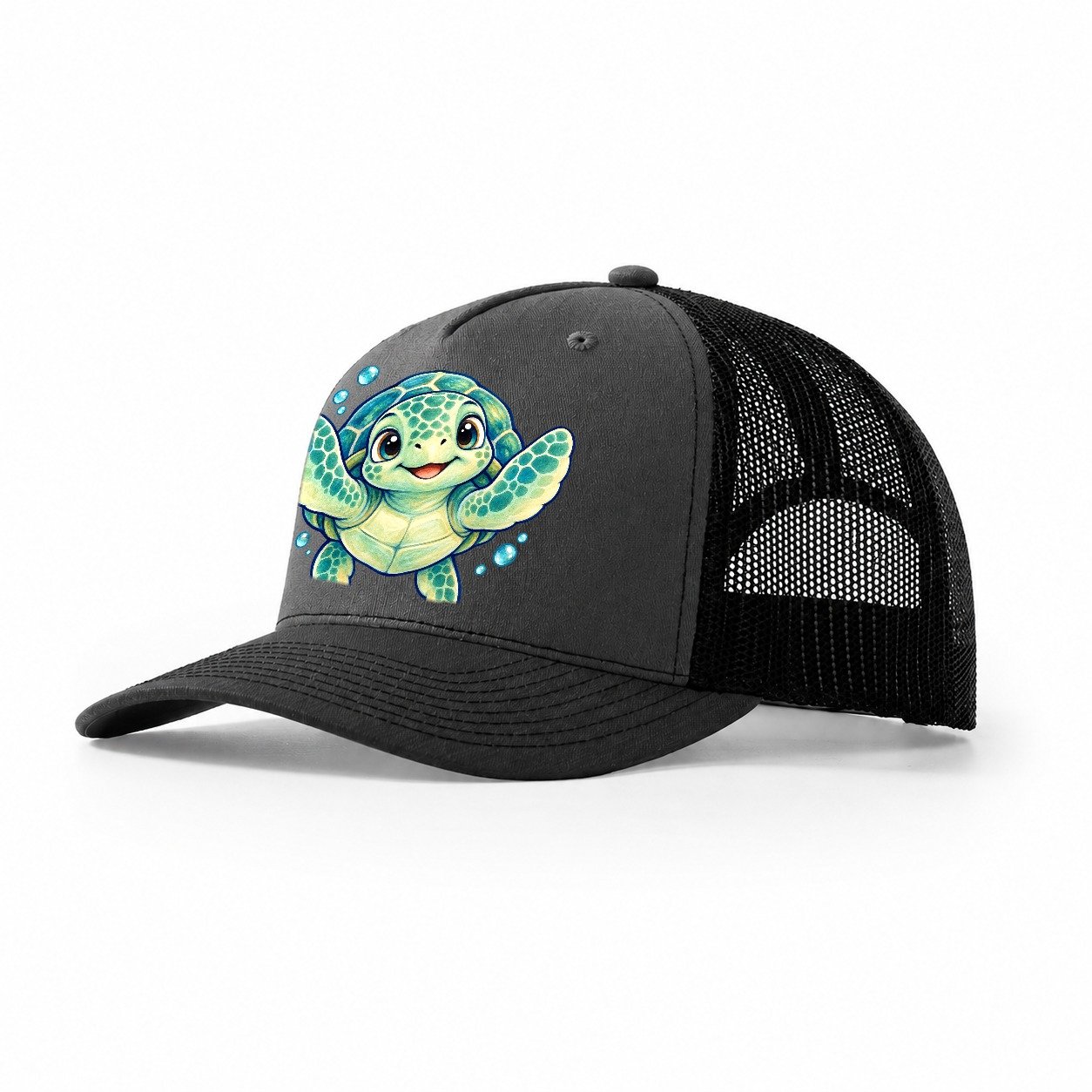 Sea Turtle Front Paddle Sea Sprite Trucker Hat – Dark Grey Black