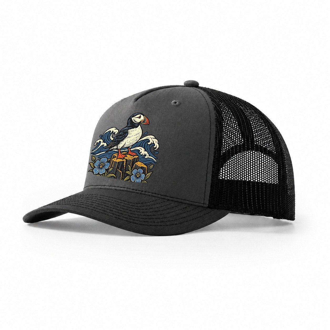 Causeway Coast Puffin And Flax Flowers Uk Culture Heritage Trucker Hat – Dark Grey Black