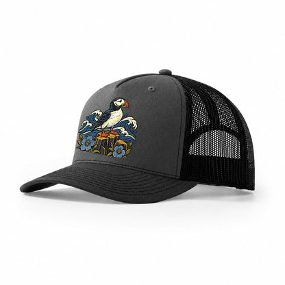 Causeway Coast Puffin And Flax Flowers Uk Culture Heritage Trucker Hat – Dark Grey Black