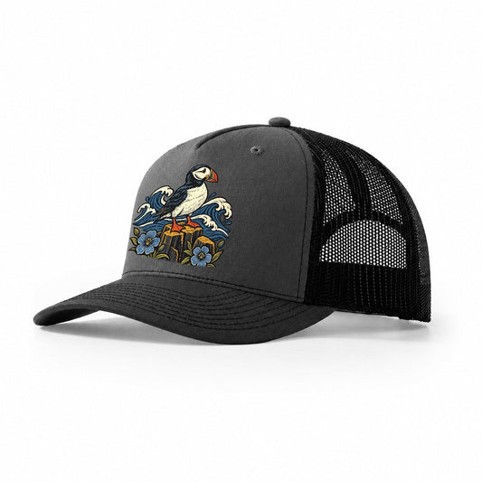 Causeway Coast Puffin And Flax Flowers Uk Culture Heritage Trucker Hat – Dark Grey Black