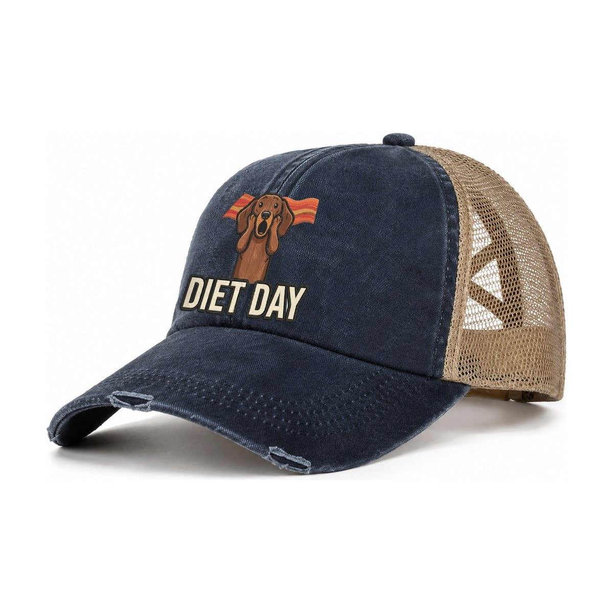 Dachshund Scream Diet Day Scream Women's Ponytail Trucker Hat – Navy Khaki