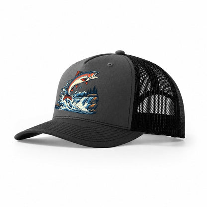 Salmon Leap Arc Fishing Elegant Trucker Hat – Dark Grey Black