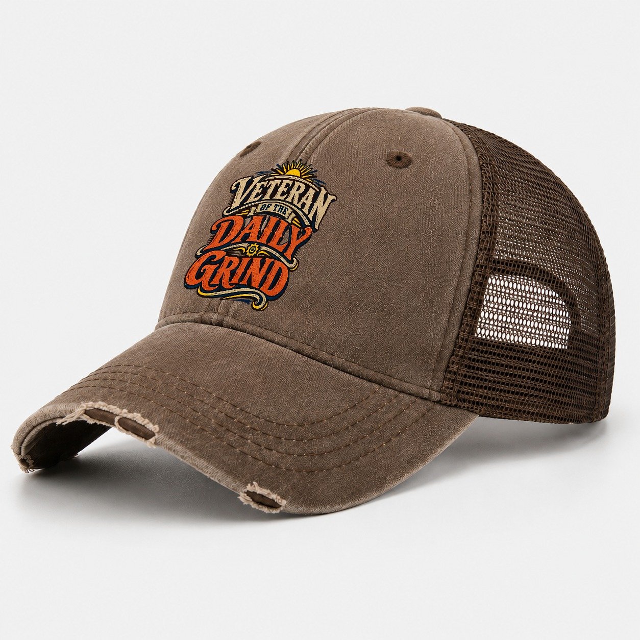 Veteran Of The Daily Grind Retired Living Washed Trucker Hat – Coffee