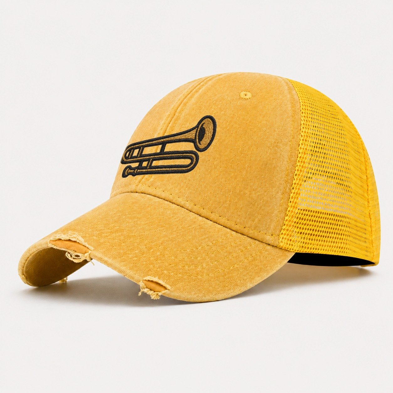 Trombone Brass Trombone With Slide And Bell Washed Trucker Hat – Yellow