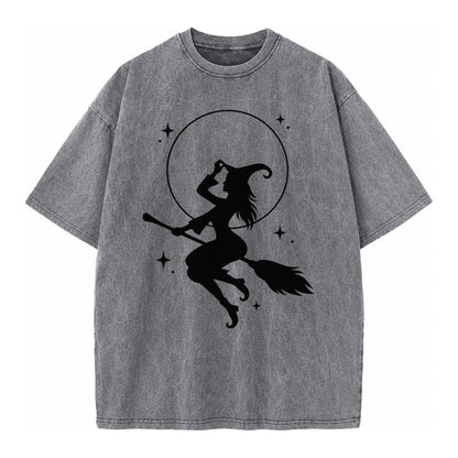 Witch On Broom Vintage T-shirt – Grey