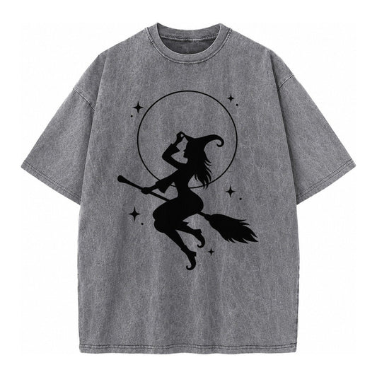 Witch On Broom Vintage T-shirt – Grey