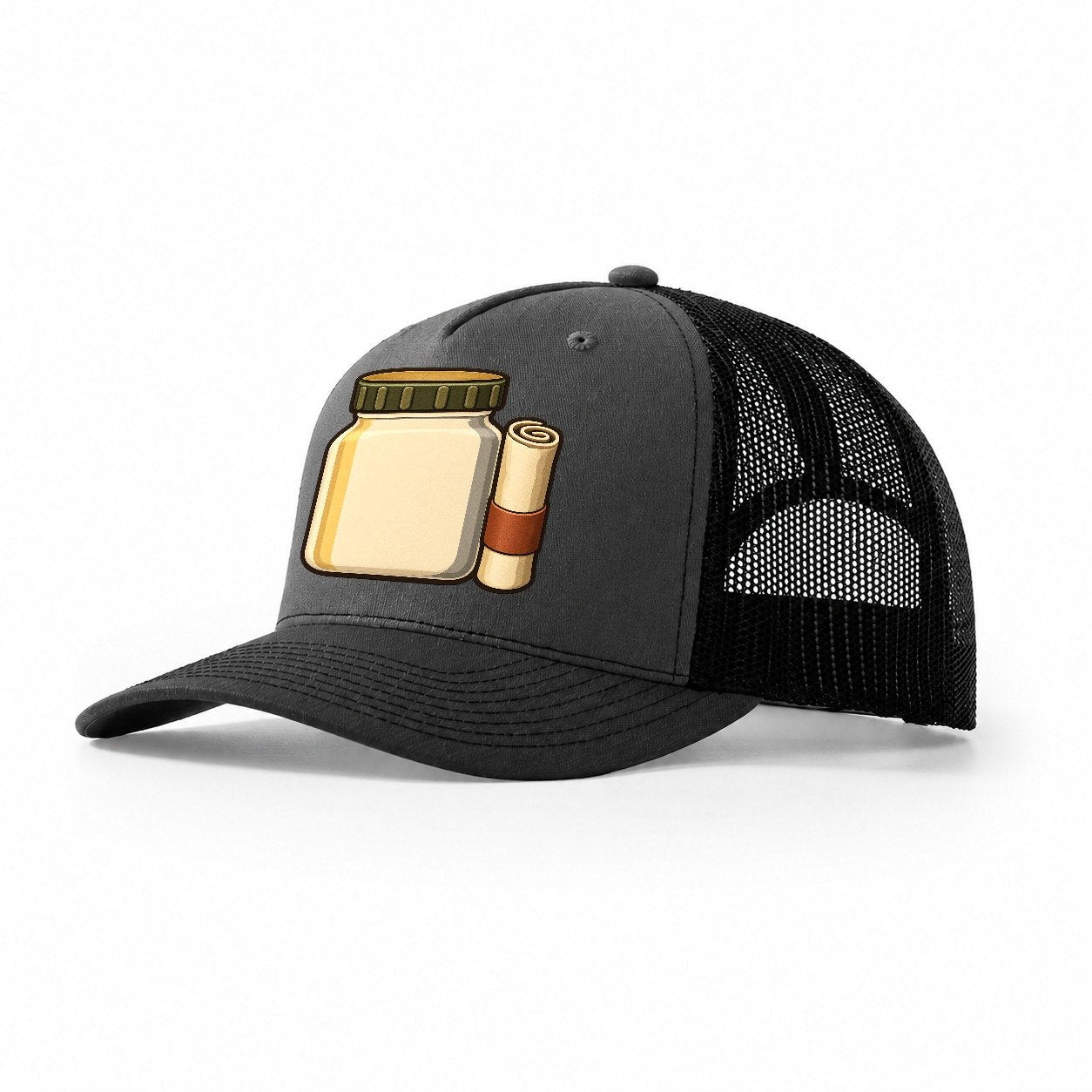 Jar Cache And Log Roll Geocaching Trucker Hat – Dark Grey Black