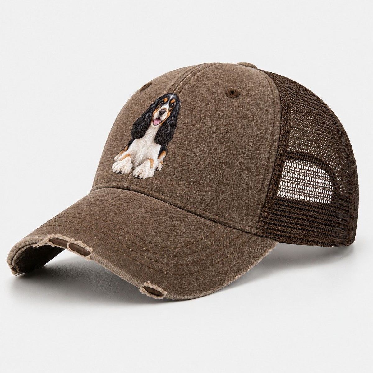 Tri Color Cocker Spaniel Washed Trucker Hat – Coffee