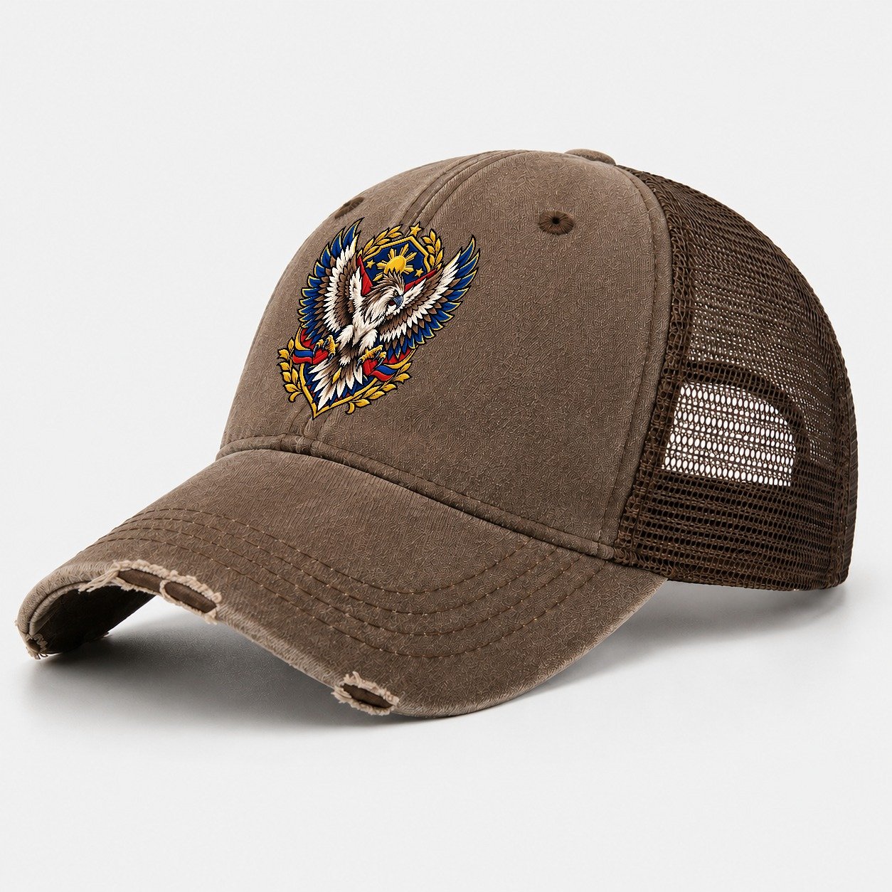 Philippines Heraldic Crest Country Logos Washed Trucker Hat – Coffee