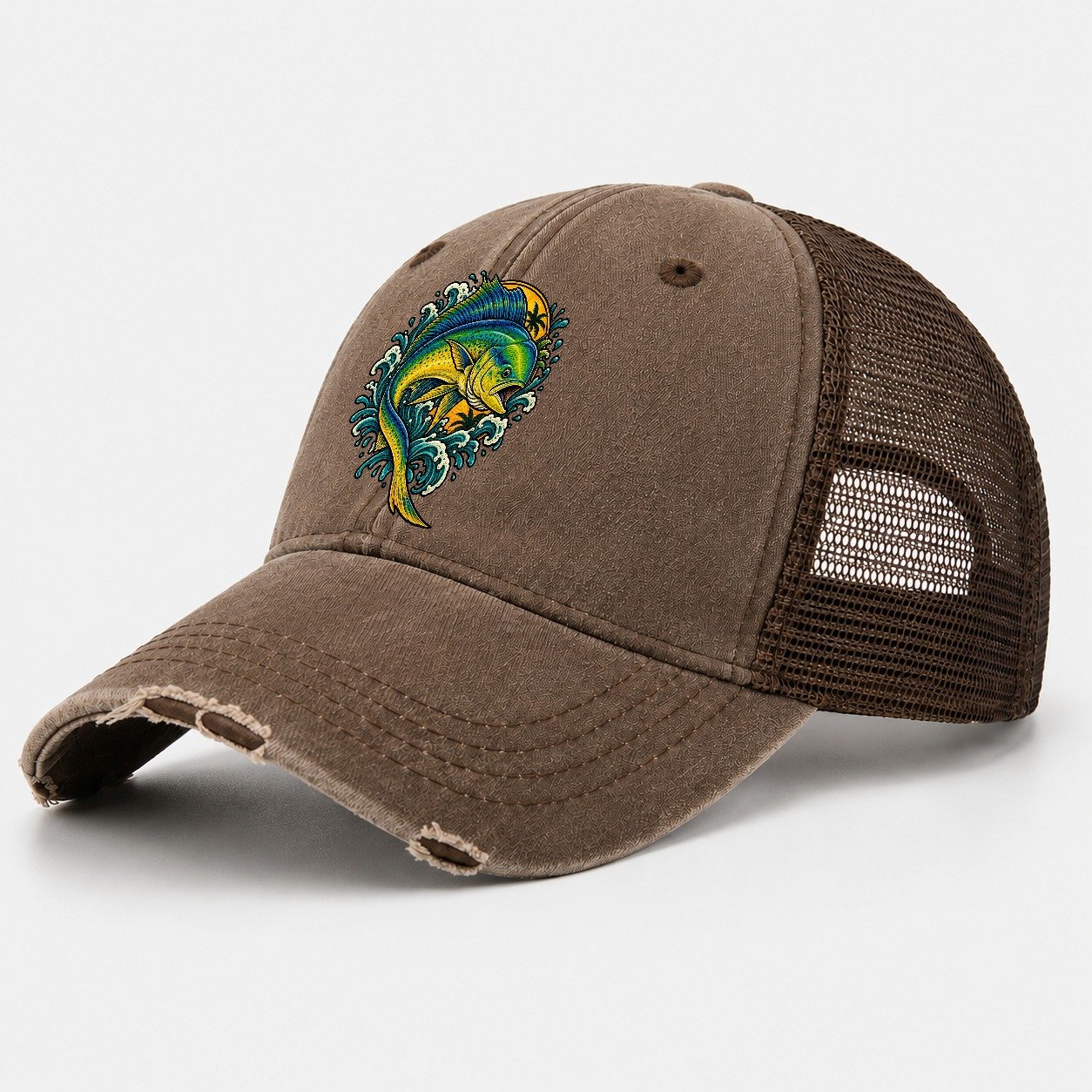 Mahi Mahi Blaze Fishing Club Washed Trucker Hat – Coffee