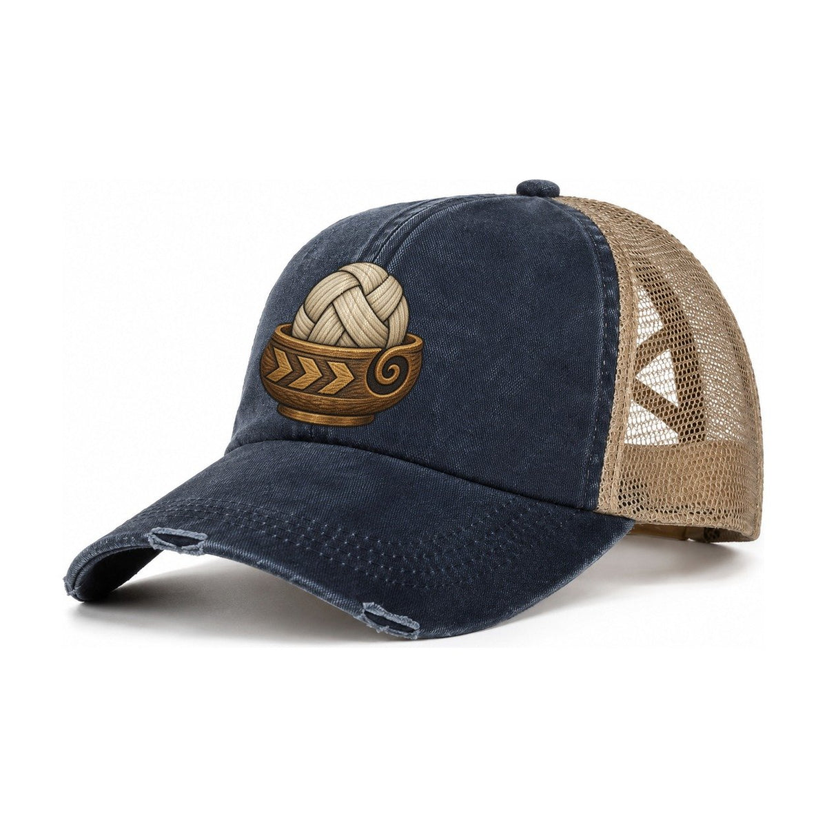Carved Yarn Bowl Yarn Crafts Women's Ponytail Trucker Hat – Navy Khaki