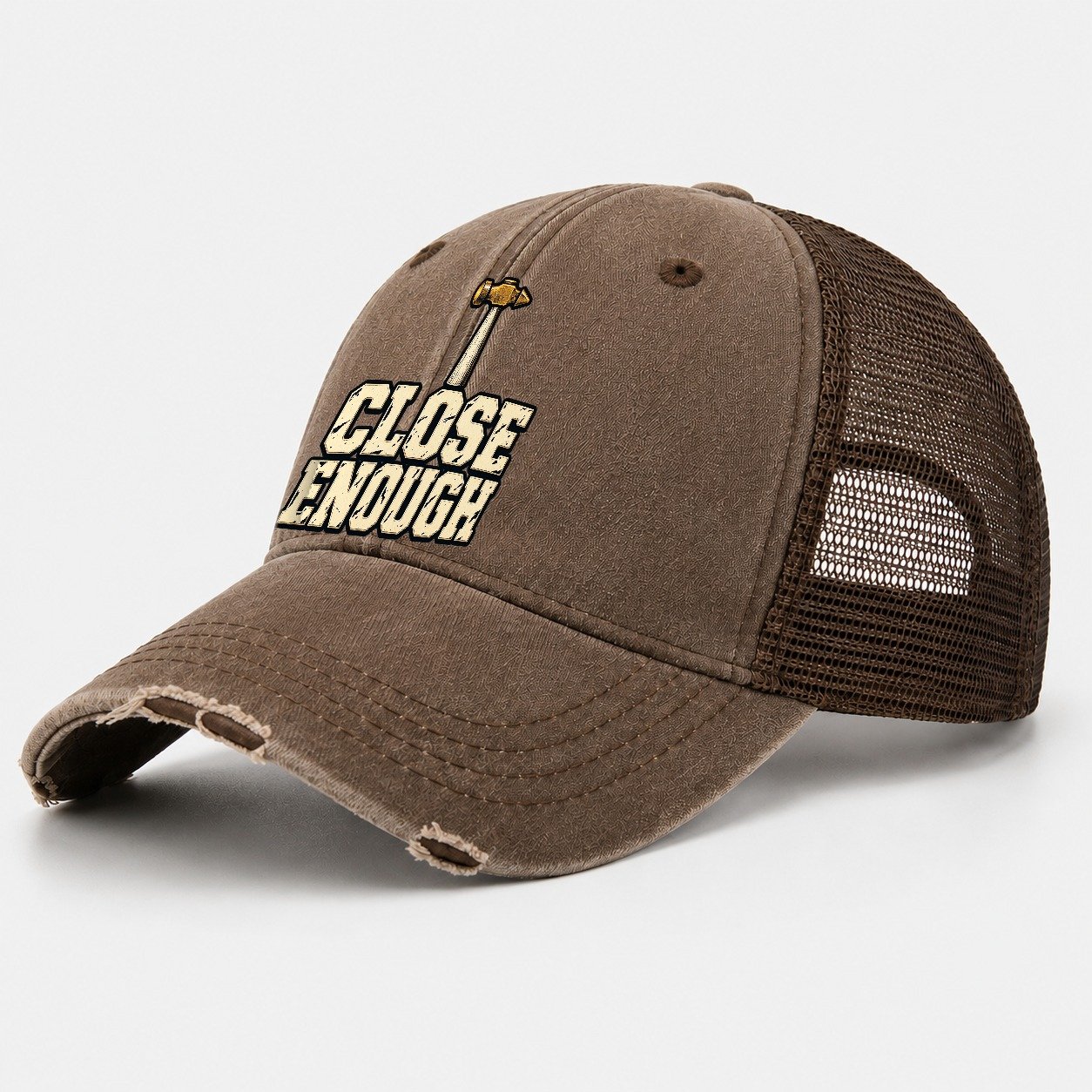 Close Enough Blacksmithing Washed Trucker Hat – Coffee