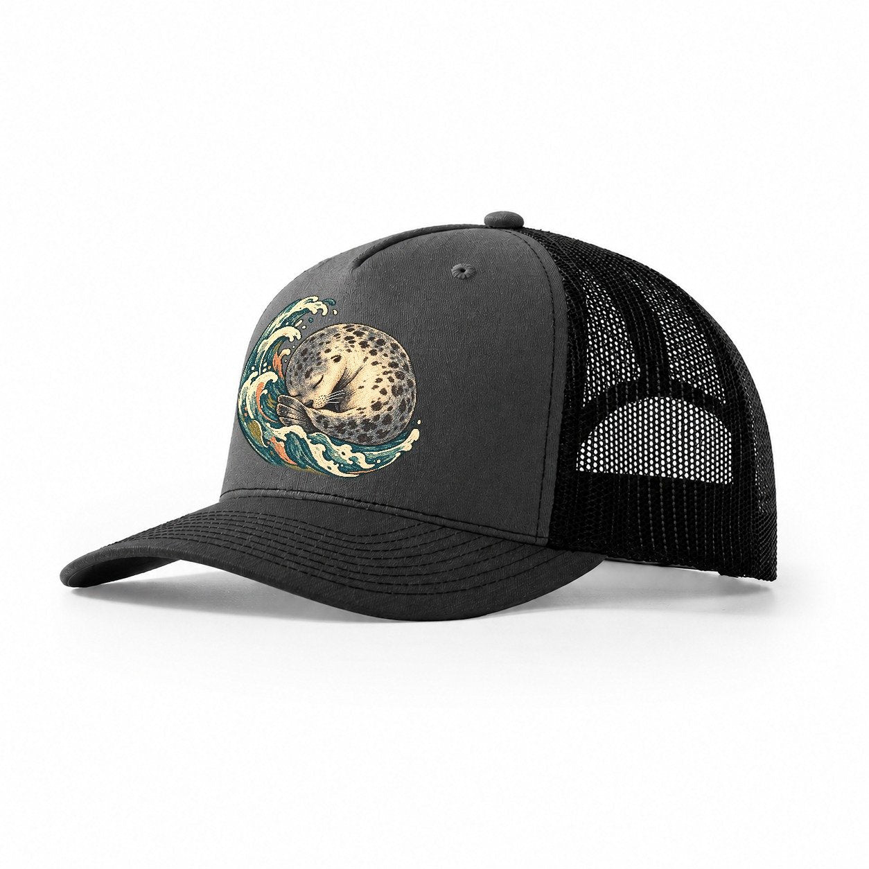 Sleeping Seal Tide Crescent Gentle Wild Trucker Hat – Dark Grey Black