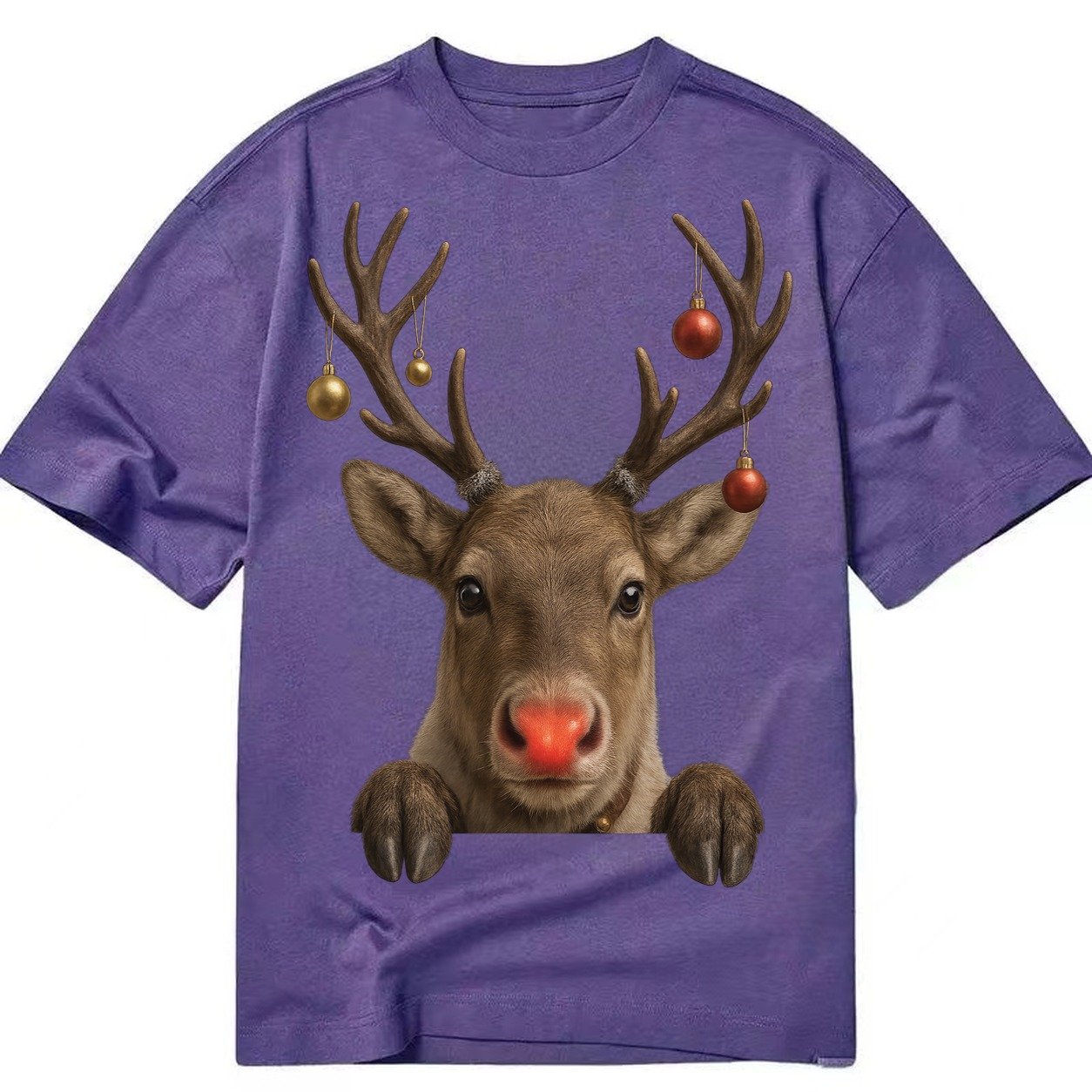 Christmas Reindeer Red Nose Glowing Antlers With Ornaments J Classic T-shirt – Purple