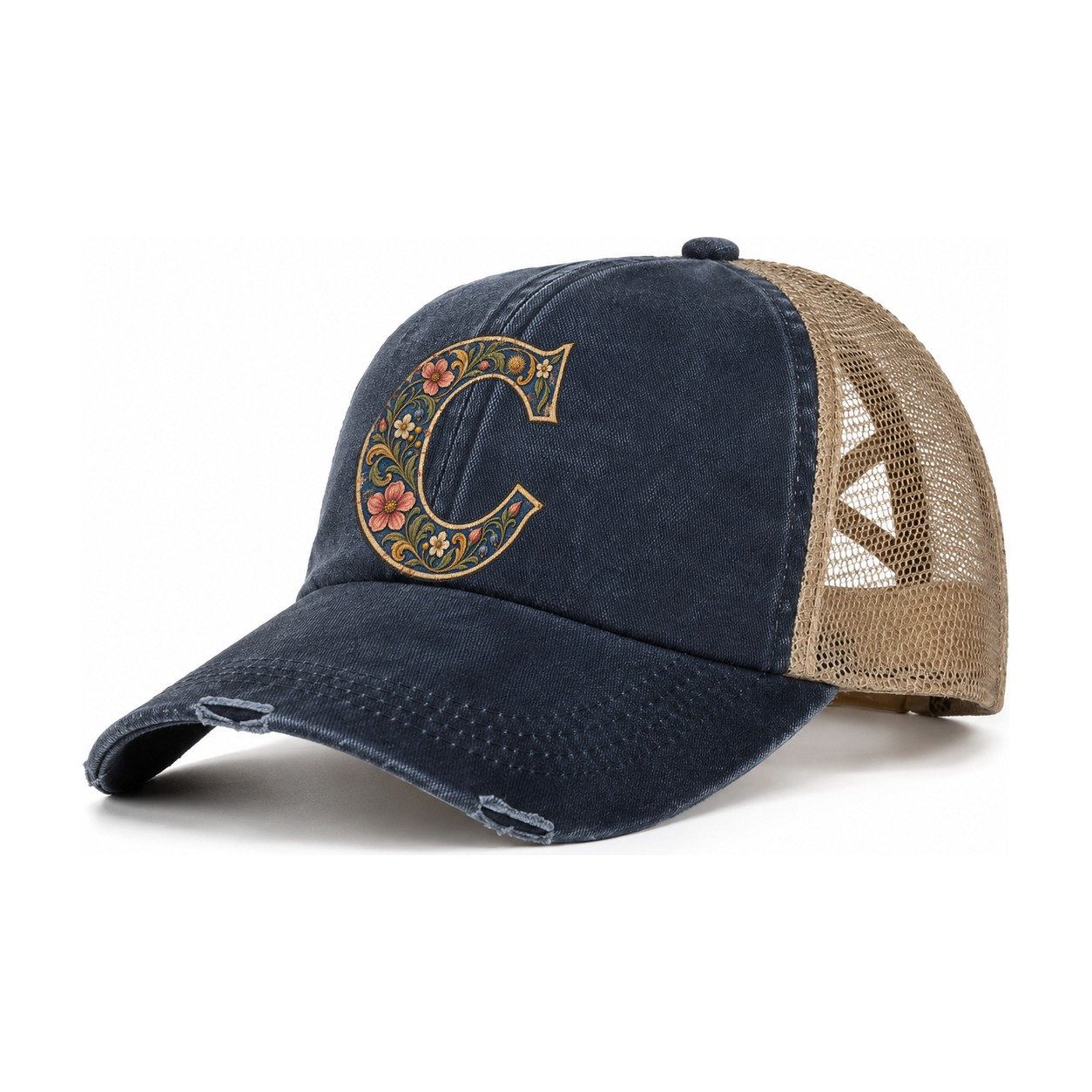 Wildflower C Monogram Women's Ponytail Trucker Hat – Navy Khaki