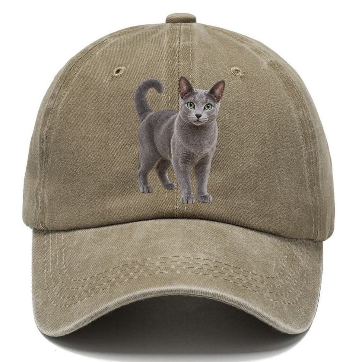 Russian Blue Standing Three Quarter Realistic Cat Portrait Classic Cap – Warm Sand