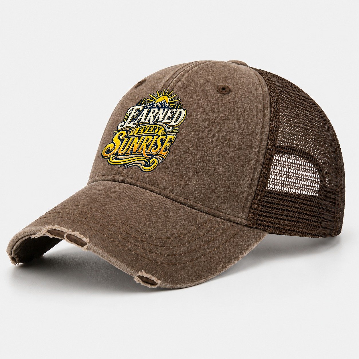 Earned Every Sunrise Retired Living Washed Trucker Hat – Coffee