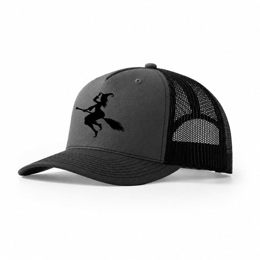 Enchanting Witch On Broom Trucker Hat – Dark Grey Black