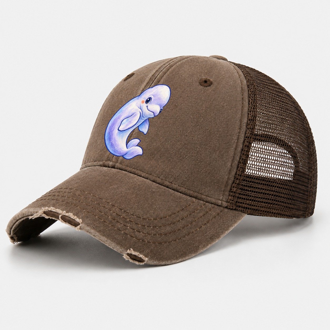 Beluga Whale Gentle Turn Sea Sprite Washed Trucker Hat – Coffee