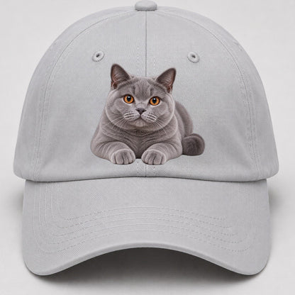 British Shorthair Reclining Paws Forward Realistic Cat Portrait Baseball Cap – Light Gray