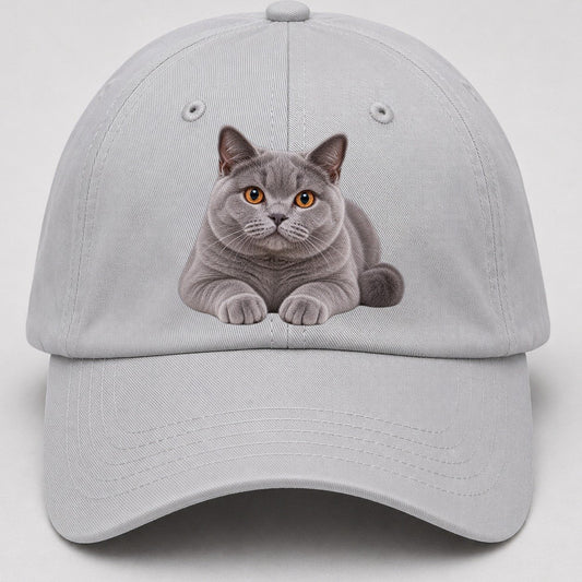 British Shorthair Reclining Paws Forward Realistic Cat Portrait Baseball Cap – Light Gray