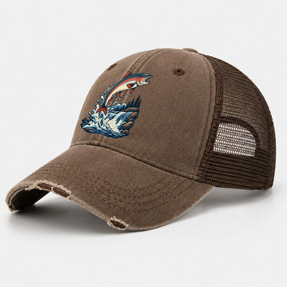 Salmon Leap Arc Fishing Elegant Washed Trucker Hat – Coffee