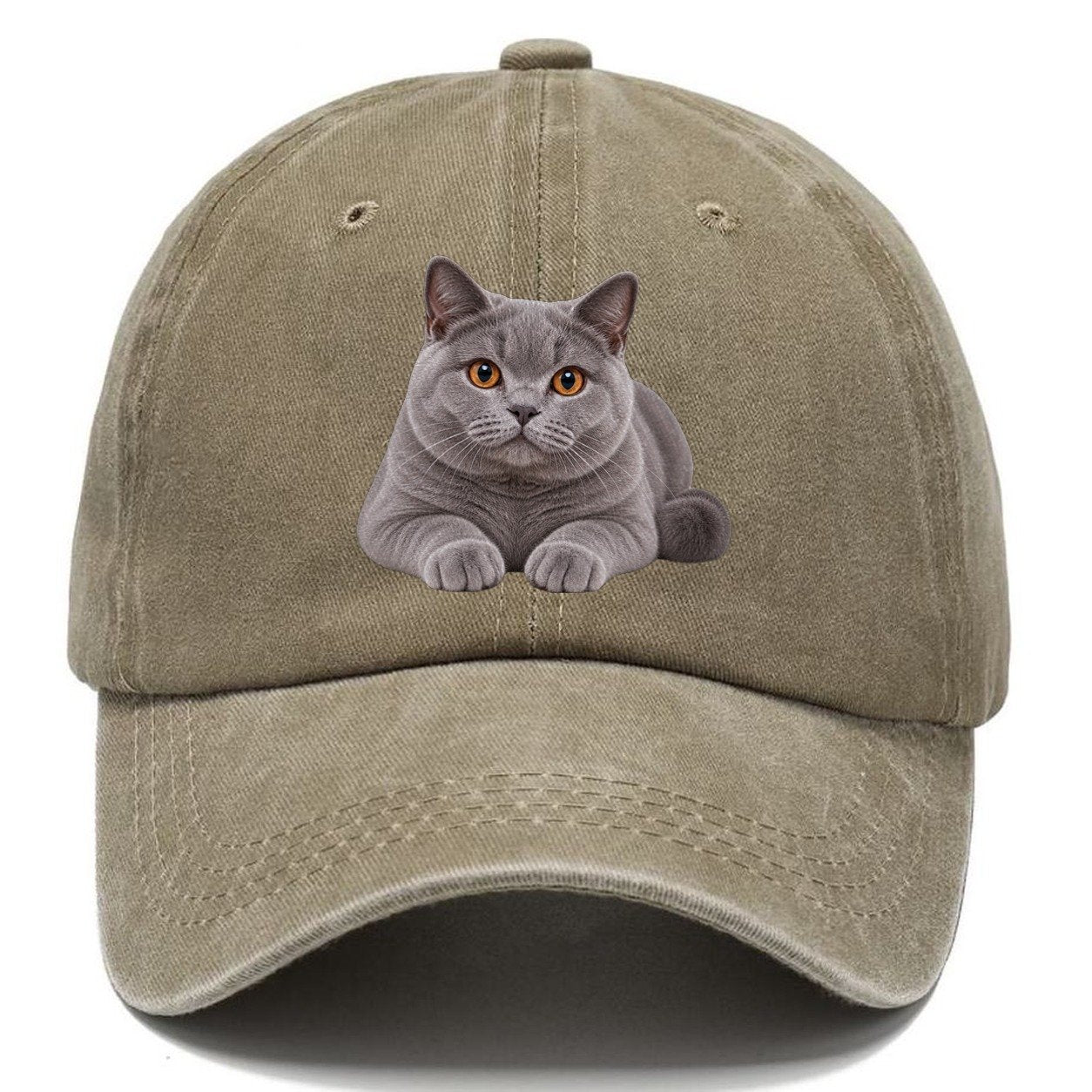 British Shorthair Reclining Paws Forward Realistic Cat Portrait Classic Cap – Warm Sand