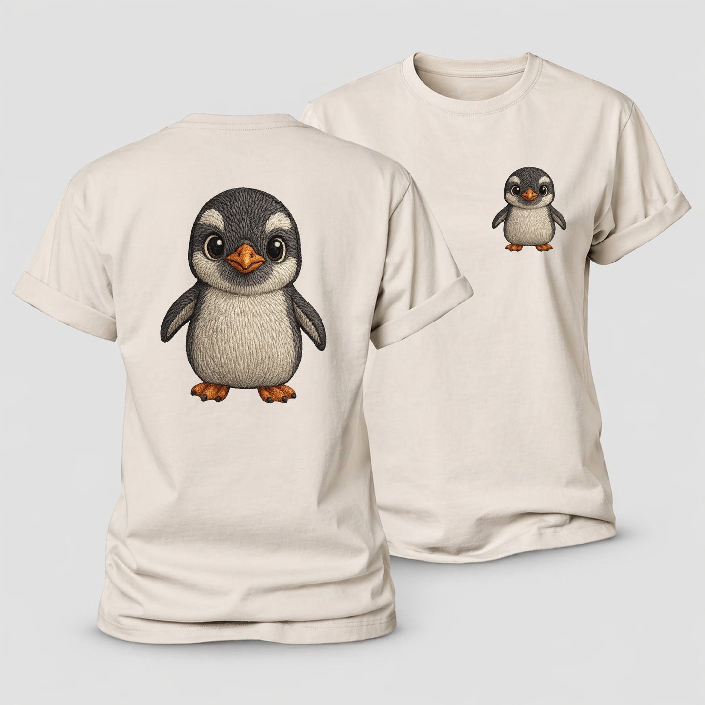 Baby Gentoo Penguin Orange Beak White Cap Bright Eyes Front Facing Energetic Women's Cotton T-Shirt – Sand