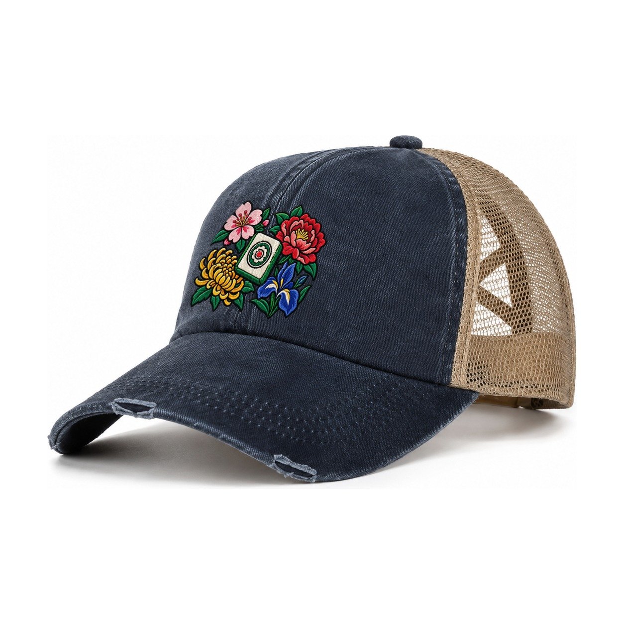 Flower Season Mahjong Game Night Women's Ponytail Trucker Hat – Navy Khaki