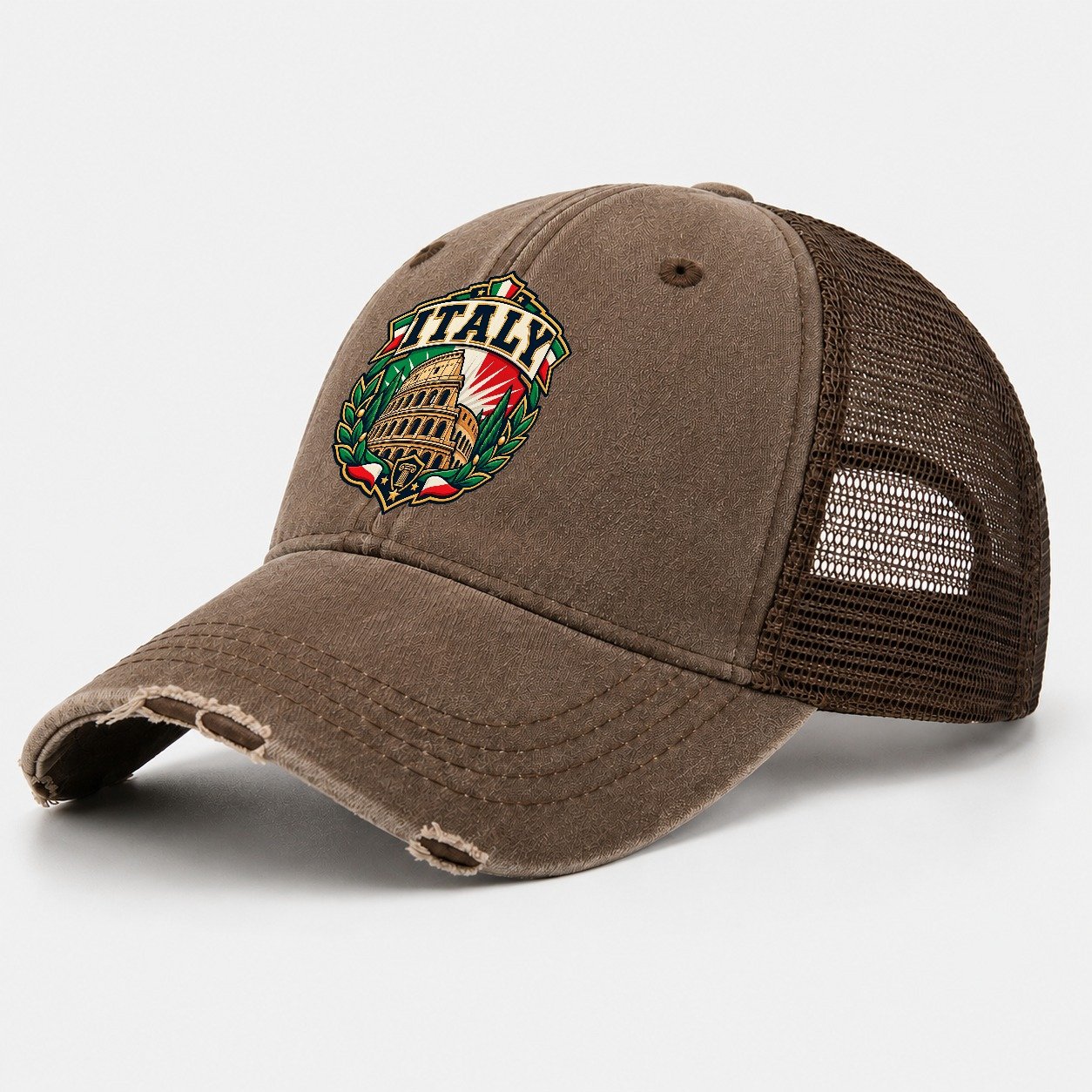 Italy Retro Badge Country Logos Washed Trucker Hat – Coffee