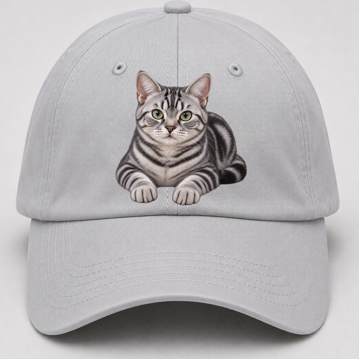 American Shorthair Reclining Paws Forward Realistic Cat Portrait Baseball Cap – Light Gray