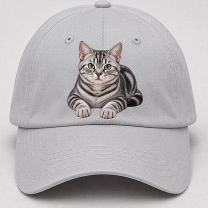 American Shorthair Reclining Paws Forward Realistic Cat Portrait Baseball Cap – Light Gray