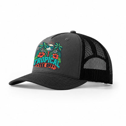Tropical Tee Off Golf Life Trucker Hat – Dark Grey Black