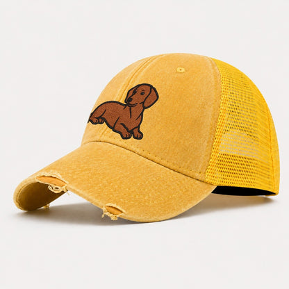 Dachshund Red Smooth Relaxed Lying Down With Head Up Embroid Washed Trucker Hat – Yellow