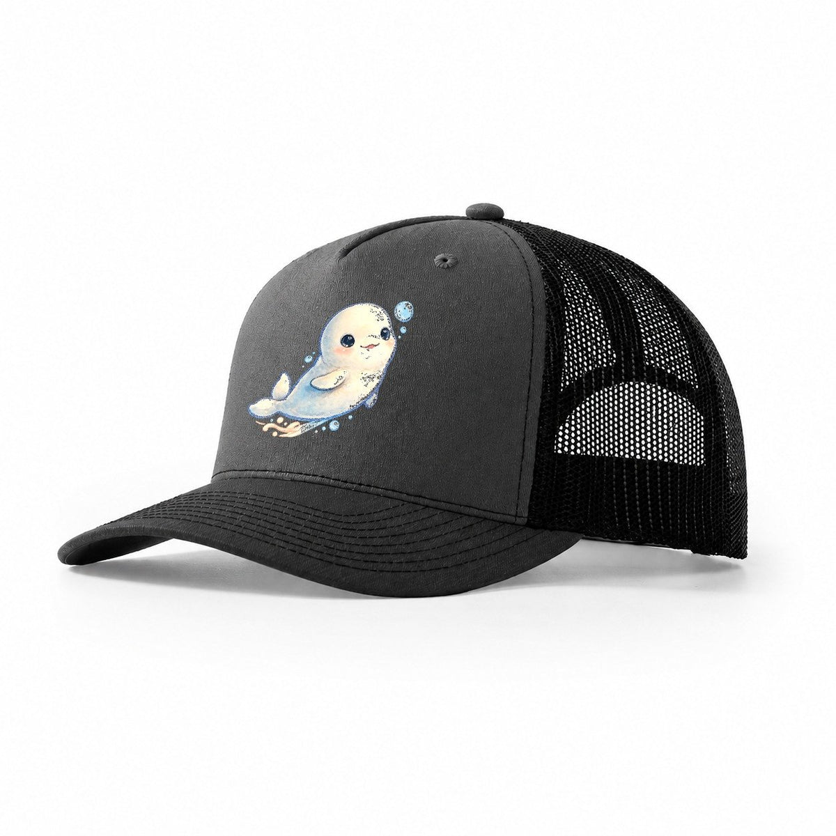Beluga Whale Bubble Rise Sea Sprite Trucker Hat – Dark Grey Black